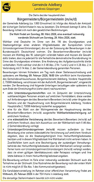 Stellenausschreibung Bürgermeister/Bürgermeisterin